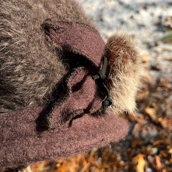 Y2K Angora Rabbit Fur Knit Hat + Genuine Fur Accent Brown - Picture 14 of 16